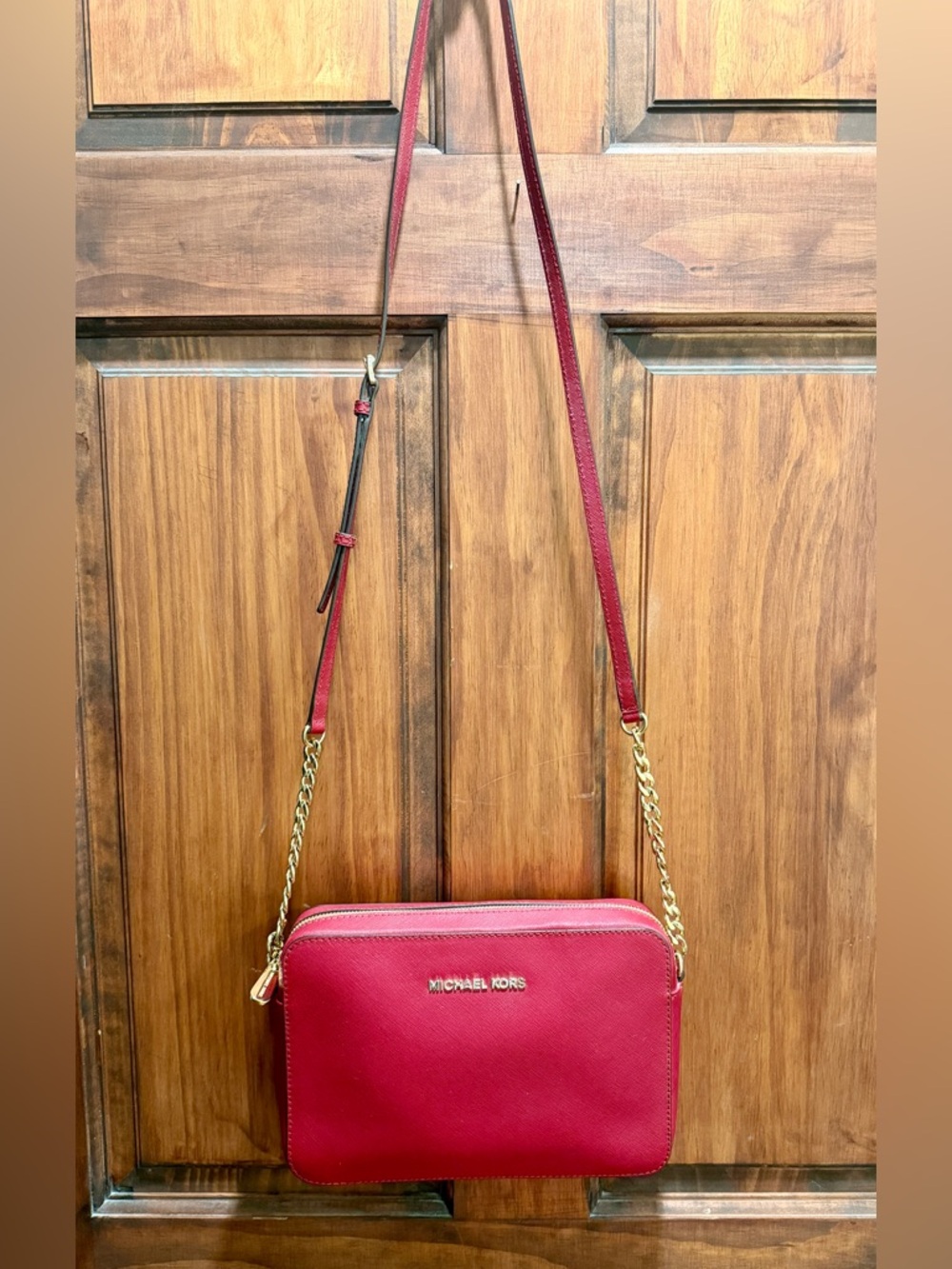 Red Crossbody Camera Bag with Gold Chain Strap